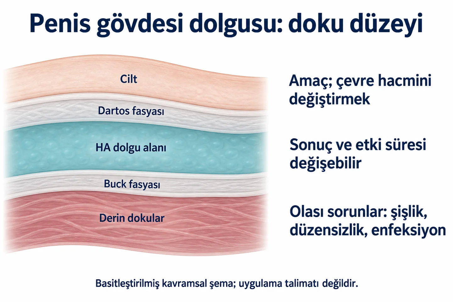 Yüzeyden derine cilt, dartos fasyası, HA dolgu alanı, Buck fasyası ve derin dokuların basitleştirilmiş katman ilişkisi.