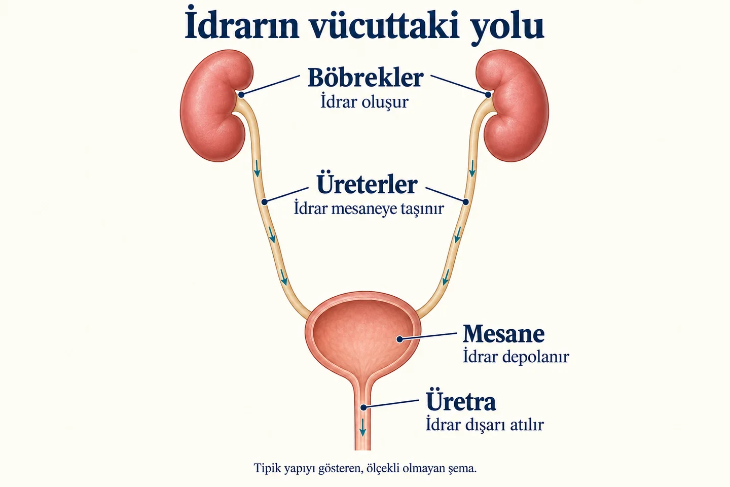 İki böbrek, iki üreter, mesane ve üretrada idrarın ilerleyişi.