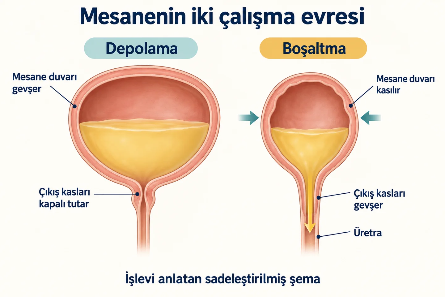Depolama ve boşaltmada mesane duvarı ile çıkış kaslarının uyumu.