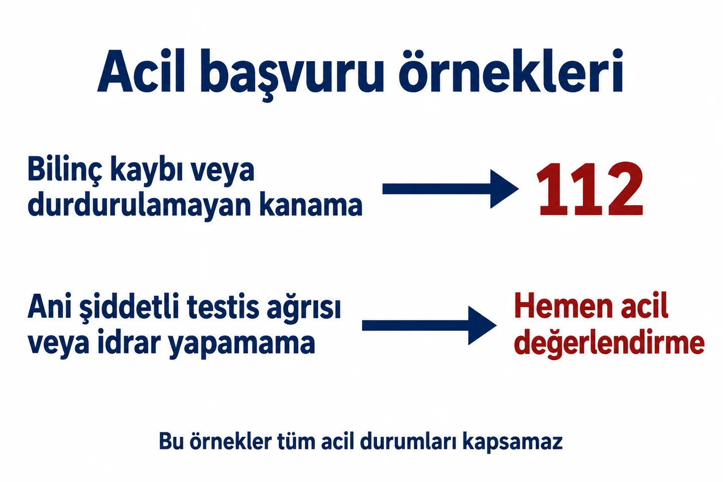 Bilinç kaybı veya durdurulamayan kanamada 112; ani şiddetli testis ağrısı ve idrar yapamamada hemen acil değerlendirme.