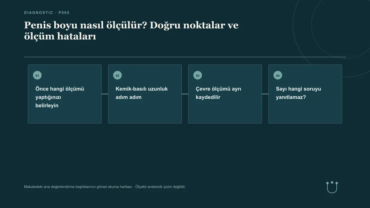 Penis boyu nasıl ölçülür? Doğru noktalar ve ölçüm hataları için makalenin ana değerlendirme başlıklarını gösteren görsel okuma haritası.