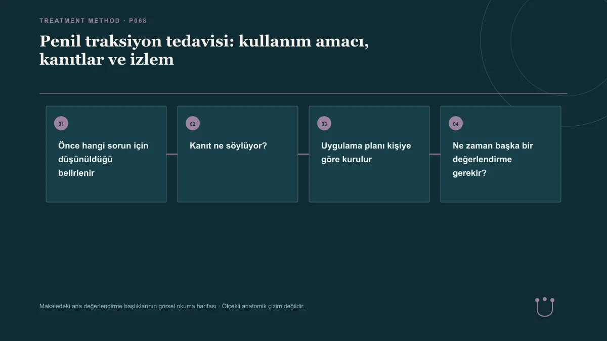 Penil traksiyon tedavisi: kullanım amacı, kanıtlar ve izlem için makalenin ana değerlendirme başlıklarını gösteren görsel okuma haritası.