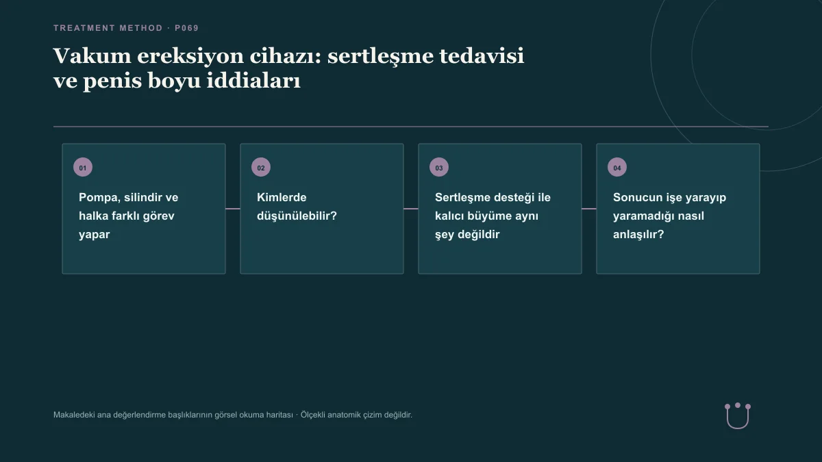 Vakum ereksiyon cihazı: sertleşme tedavisi ve penis boyu iddiaları için makalenin ana değerlendirme başlıklarını gösteren görsel okuma haritası.