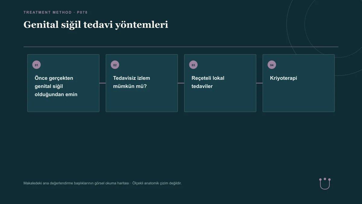 Genital siğil tedavi yöntemleri için makalenin ana değerlendirme başlıklarını gösteren görsel okuma haritası.