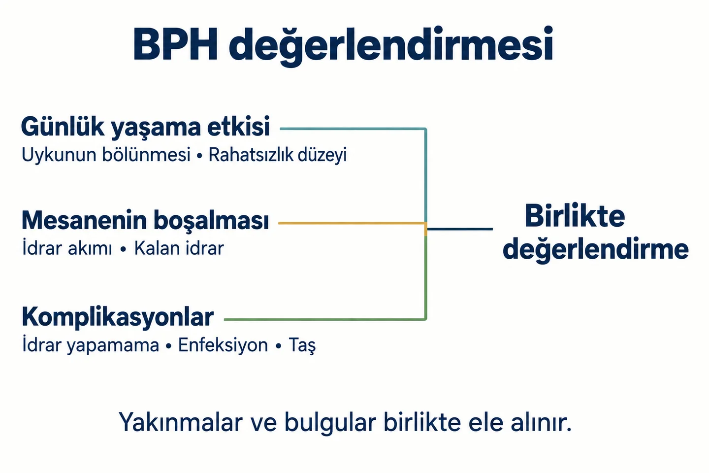 BPH değerlendirmesinde günlük yaşama etki, mesanenin boşalması ve komplikasyonların birlikte ele alınması.