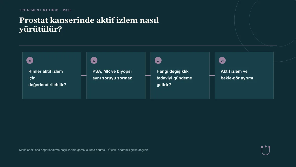Prostat kanserinde aktif izlem nasıl yürütülür? için makalenin ana değerlendirme başlıklarını gösteren görsel okuma haritası.