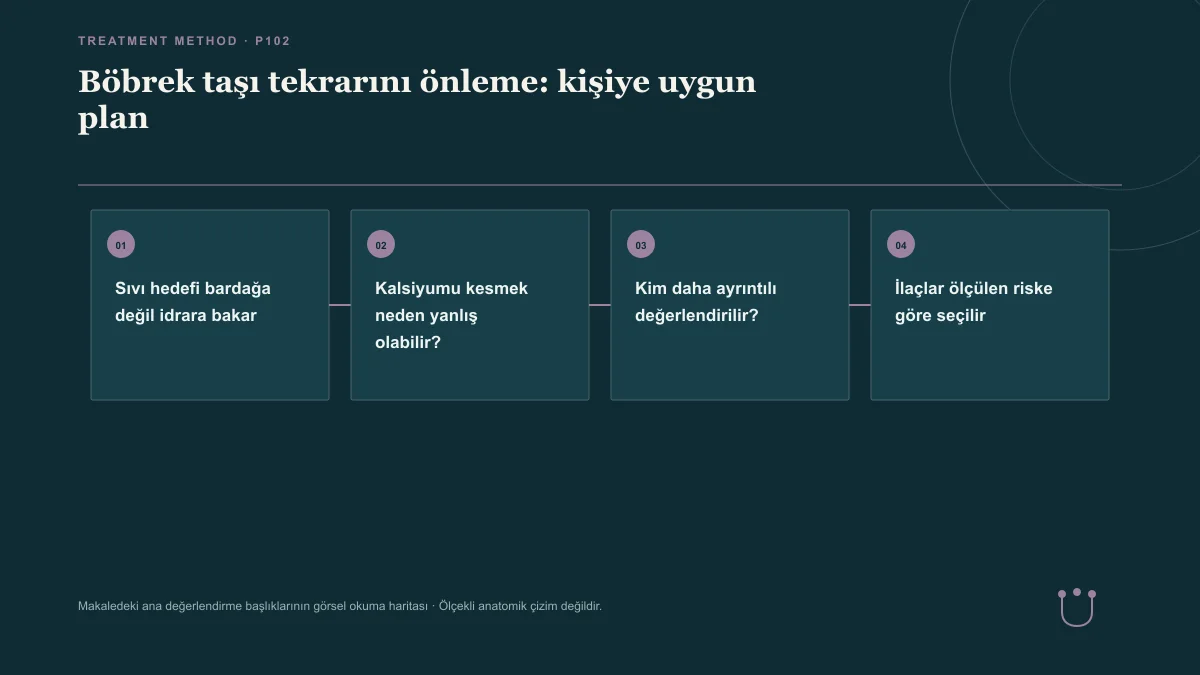 Böbrek taşı tekrarını önleme: kişiye uygun plan için makalenin ana değerlendirme başlıklarını gösteren görsel okuma haritası.