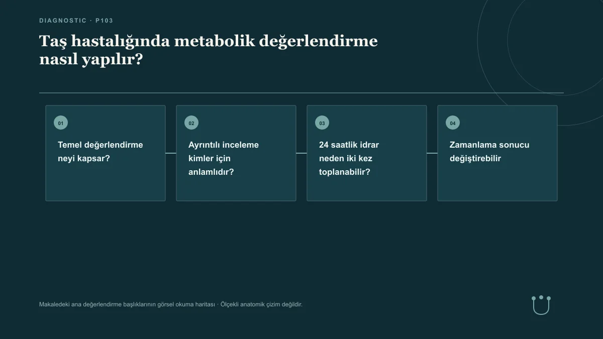 Taş hastalığında metabolik değerlendirme nasıl yapılır? için makalenin ana değerlendirme başlıklarını gösteren görsel okuma haritası.