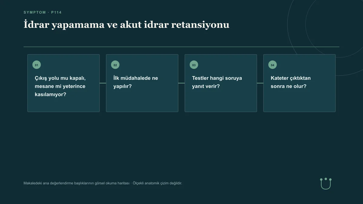 İdrar yapamama ve akut idrar retansiyonu için makalenin ana değerlendirme başlıklarını gösteren görsel okuma haritası.