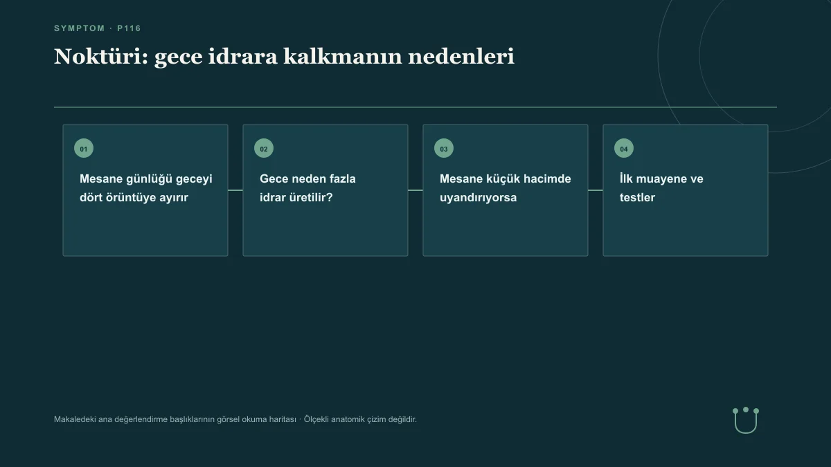 Noktüri: gece idrara kalkmanın nedenleri için makalenin ana değerlendirme başlıklarını gösteren görsel okuma haritası.