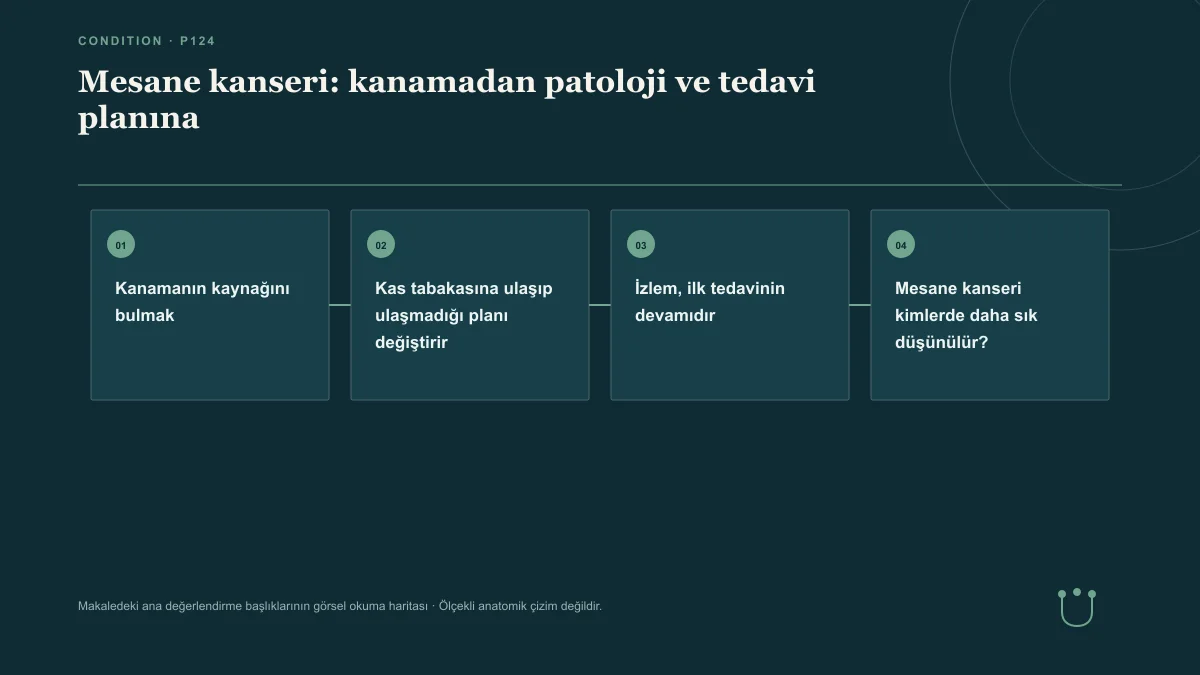Mesane kanseri: kanamadan patoloji ve tedavi planına için makalenin ana değerlendirme başlıklarını gösteren görsel okuma haritası.