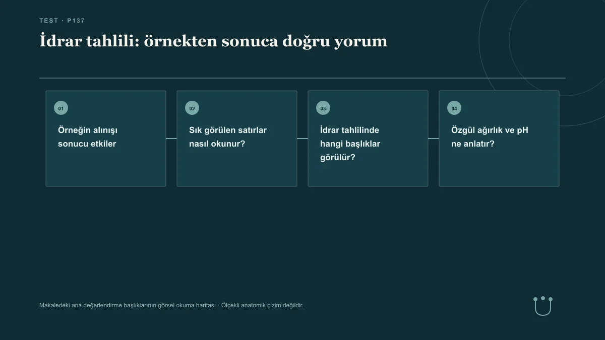 İdrar tahlili: örnekten sonuca doğru yorum için makalenin ana değerlendirme başlıklarını gösteren görsel okuma haritası.