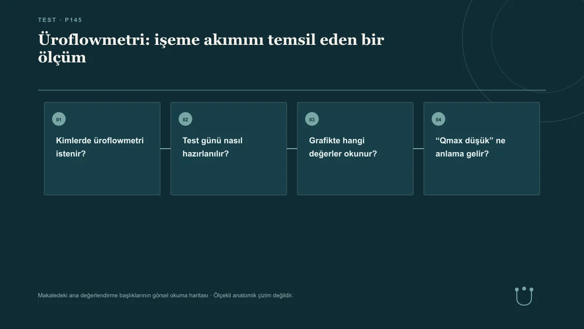 Üroflowmetri: işeme akımını temsil eden bir ölçüm için makalenin ana değerlendirme başlıklarını gösteren görsel okuma haritası.