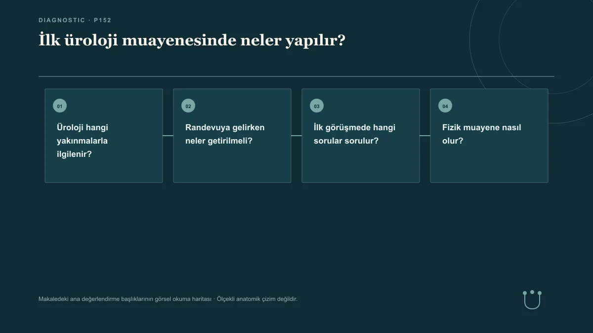 İlk üroloji muayenesinde neler yapılır? için makalenin ana değerlendirme başlıklarını gösteren görsel okuma haritası.