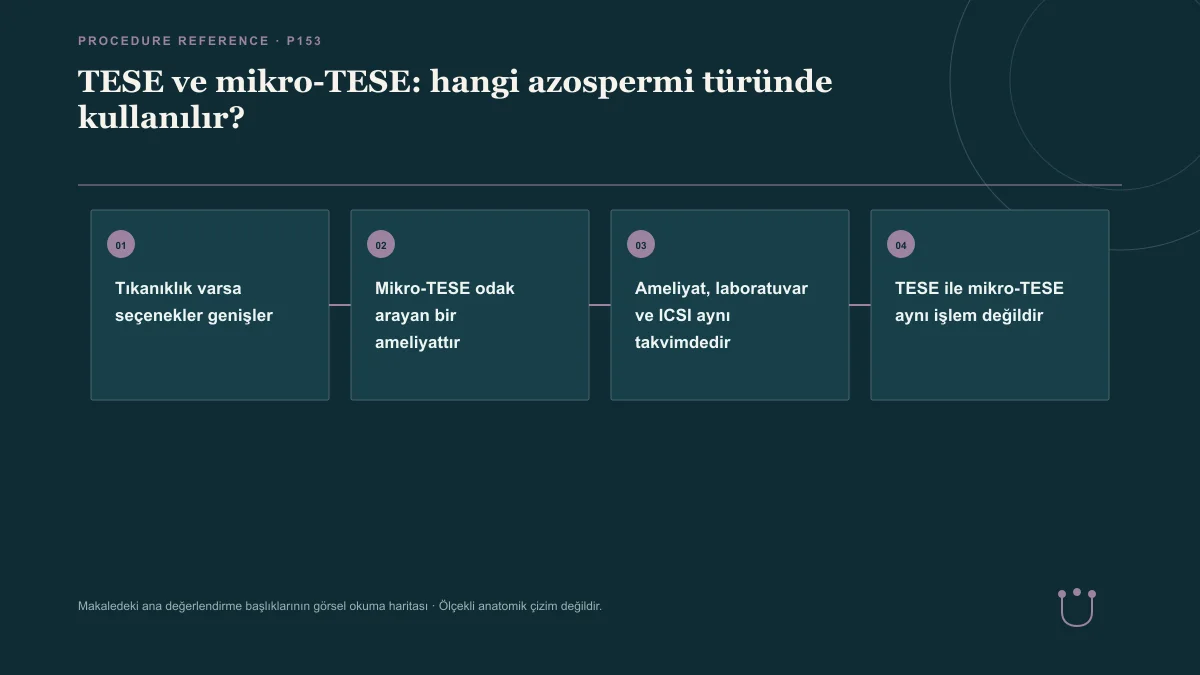 TESE ve mikro-TESE: hangi azospermi türünde kullanılır? için makalenin ana değerlendirme başlıklarını gösteren görsel okuma haritası.