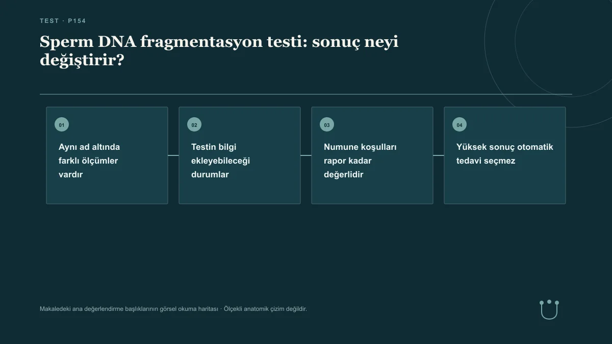 Sperm DNA fragmentasyon testi: sonuç neyi değiştirir? için makalenin ana değerlendirme başlıklarını gösteren görsel okuma haritası.