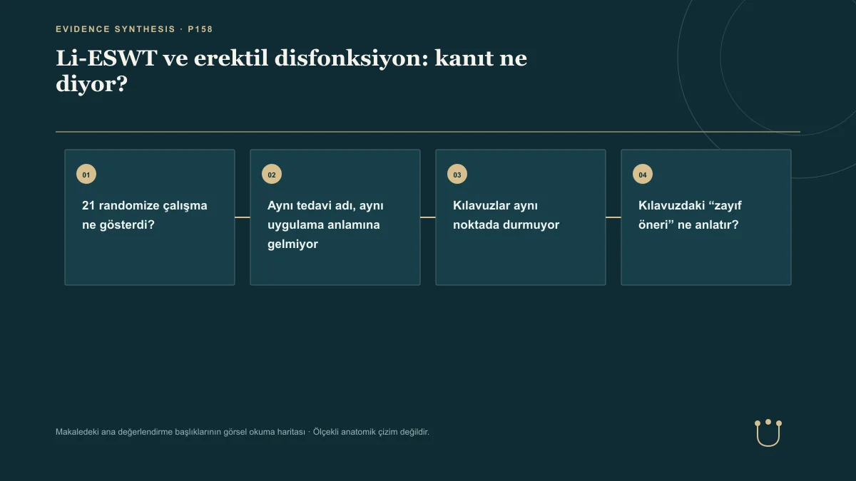 Li-ESWT ve erektil disfonksiyon: kanıt ne diyor? için makalenin ana değerlendirme başlıklarını gösteren görsel okuma haritası.