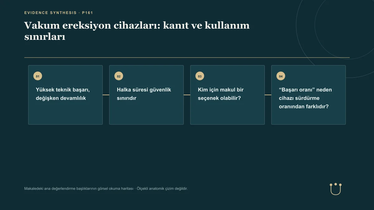 Vakum ereksiyon cihazları: kanıt ve kullanım sınırları için makalenin ana değerlendirme başlıklarını gösteren görsel okuma haritası.