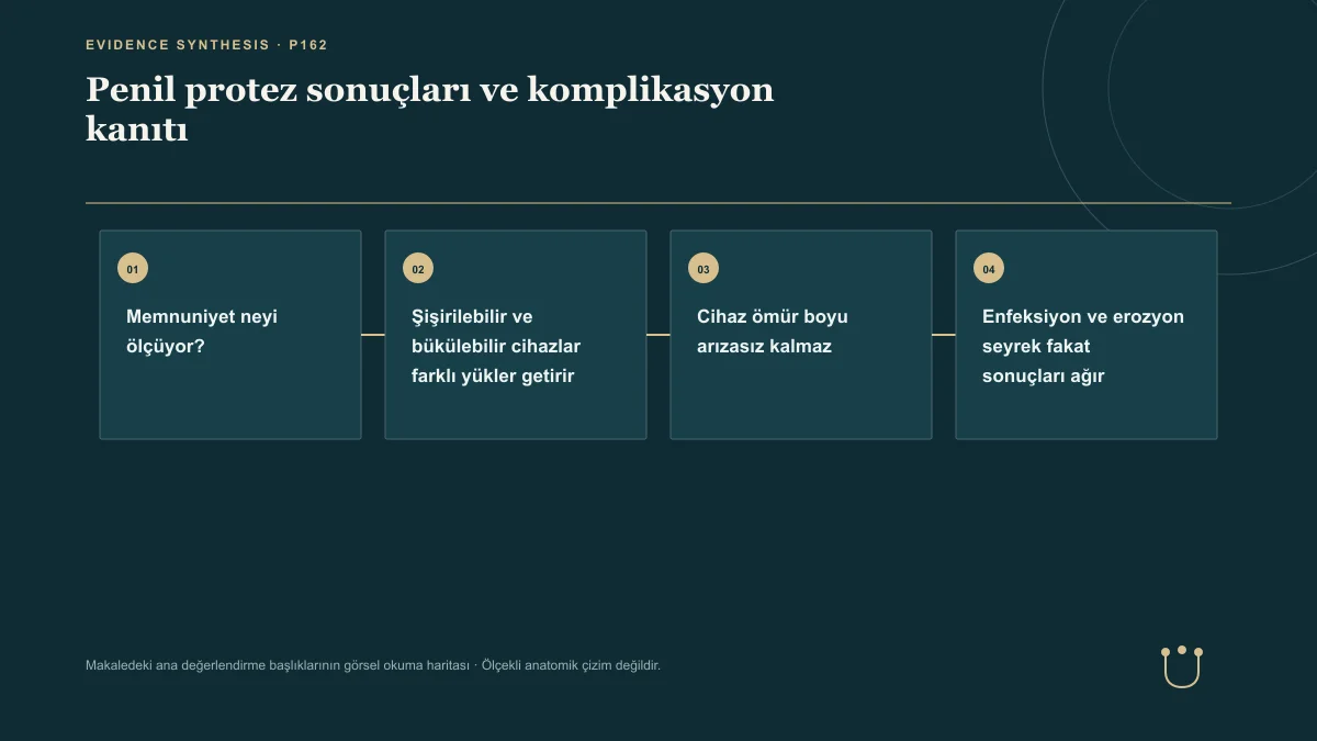 Penil protez sonuçları ve komplikasyon kanıtı için makalenin ana değerlendirme başlıklarını gösteren görsel okuma haritası.