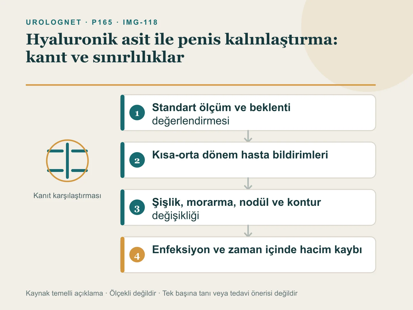 Hyaluronik asit ile penis çevresi artırmada başlangıç ölçümü ve beklentiden kısa-orta dönem sonuçlara, ardından kontur değişikliği ve diğer komplikasyonların izlemine uzanan kanıt şeması.