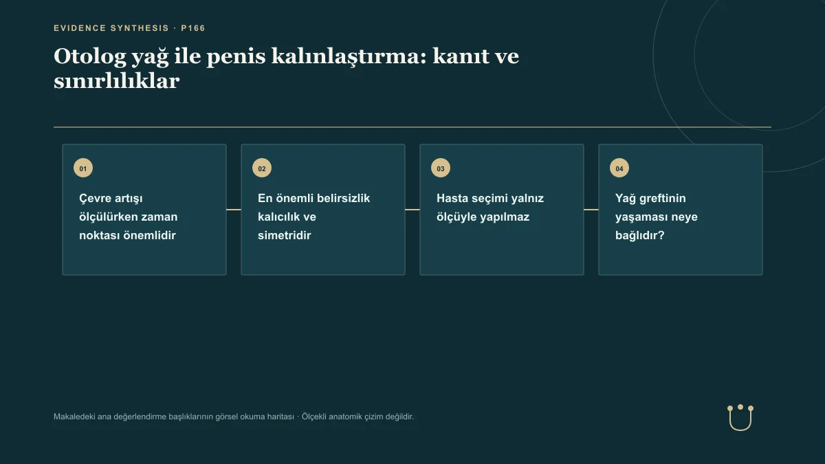 Otolog yağ ile penis kalınlaştırma: kanıt ve sınırlılıklar için makalenin ana değerlendirme başlıklarını gösteren görsel okuma haritası.