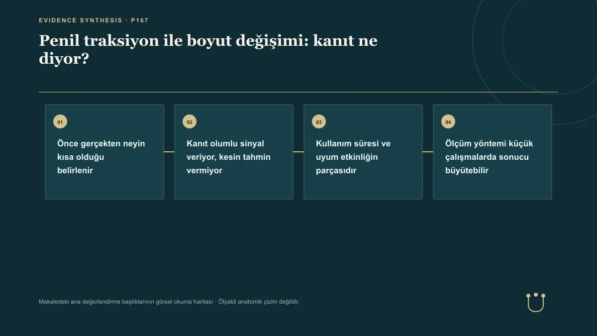 Penil traksiyon ile boyut değişimi: kanıt ne diyor? için makalenin ana değerlendirme başlıklarını gösteren görsel okuma haritası.