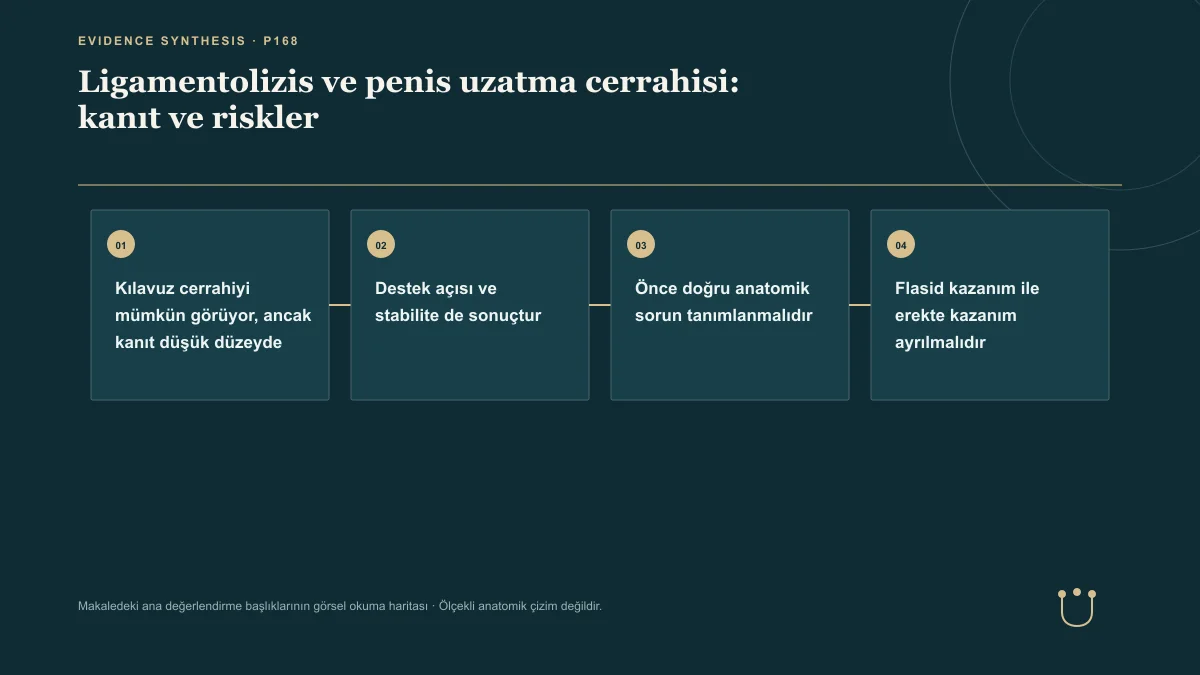 Ligamentolizis ve penis uzatma cerrahisi: kanıt ve riskler için makalenin ana değerlendirme başlıklarını gösteren görsel okuma haritası.