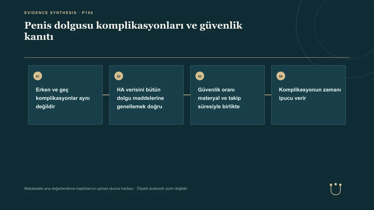 Penis dolgusu komplikasyonları ve güvenlik kanıtı için makalenin ana değerlendirme başlıklarını gösteren görsel okuma haritası.