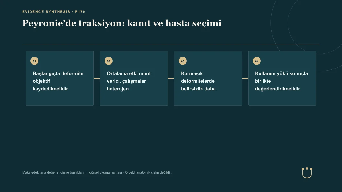 Peyronie’de traksiyon: kanıt ve hasta seçimi için makalenin ana değerlendirme başlıklarını gösteren görsel okuma haritası.