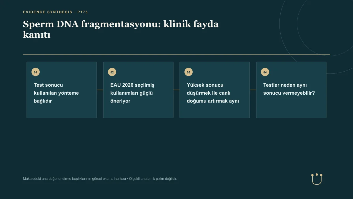 Sperm DNA fragmentasyonu: klinik fayda kanıtı için makalenin ana değerlendirme başlıklarını gösteren görsel okuma haritası.