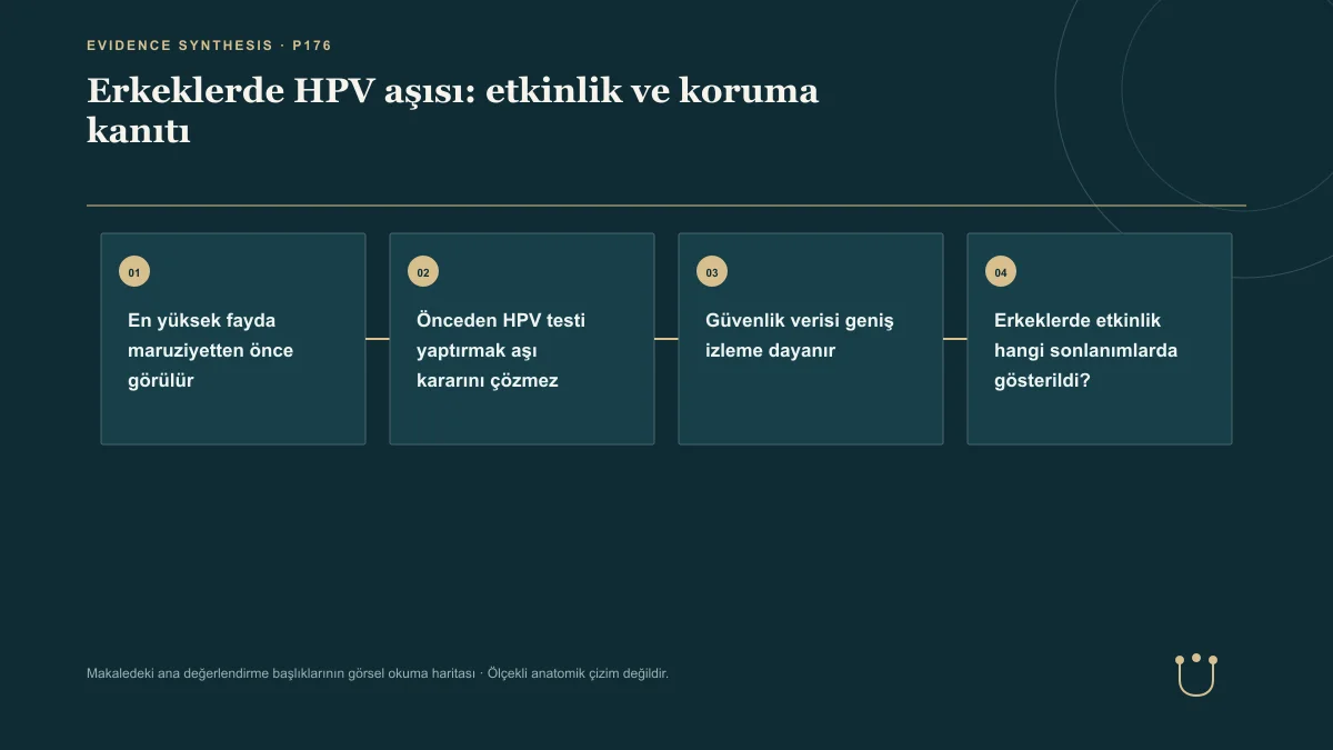 Erkeklerde HPV aşısı: etkinlik ve koruma kanıtı için makalenin ana değerlendirme başlıklarını gösteren görsel okuma haritası.