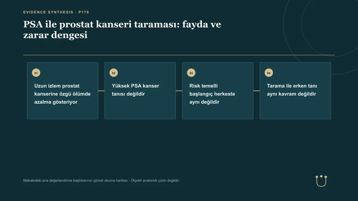 PSA ile prostat kanseri taraması: fayda ve zarar dengesi için makalenin ana değerlendirme başlıklarını gösteren görsel okuma haritası.