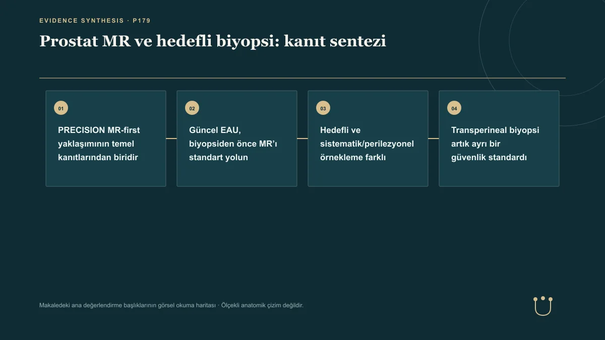 Prostat MR ve hedefli biyopsi: kanıt sentezi için makalenin ana değerlendirme başlıklarını gösteren görsel okuma haritası.