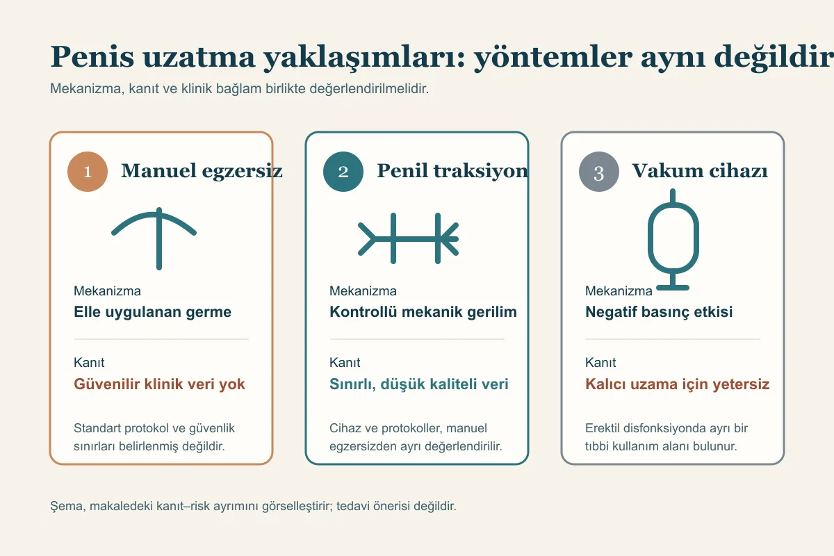 Manuel egzersiz, penil traksiyon ve vakum cihazını mekanizma, kanıt ve klinik bağlam açısından karşılaştıran nötr şema.